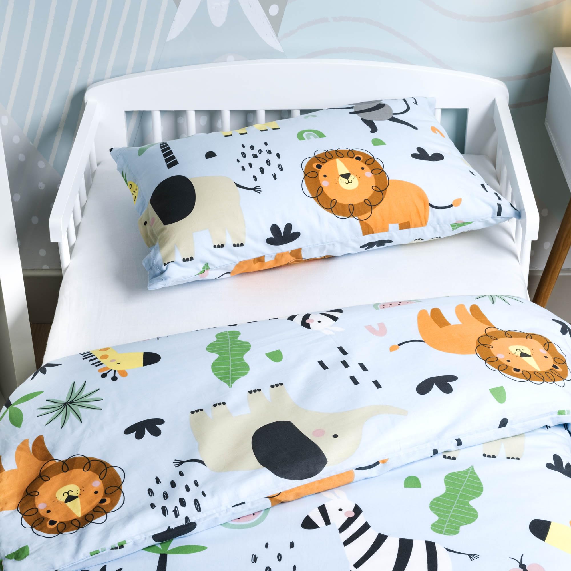Pościel dziecięca 100 x 135 ze 100% bawełny ze zwierzętami w zoo – komplet pościeli dziecięcej i niemowlęcej dla chłopców z poszewką na poduszkę i kołdrę w kolorze niebieskim (100 x 135 i 40