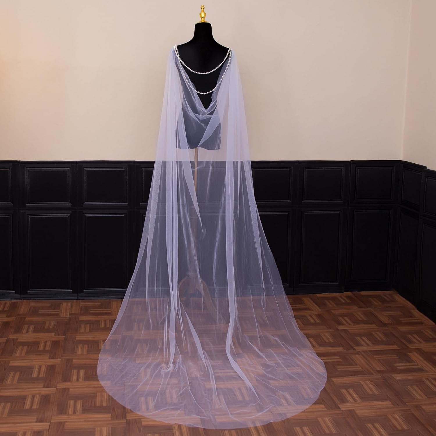 Bridal Cape Pearl Wedding Cape Veil Cathedral Bridal Shawl,Long Tulle Shawl for Bride Woman Evening Wraps
