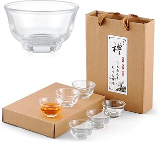 Skyley 6 Pieces Korean Soju Shot Glasses Sets Porcelain Cups Korean Ceramic Cups Tea Accessories Drinkware, Handcrafted Ceramic(Clear,Elegant Pattern)