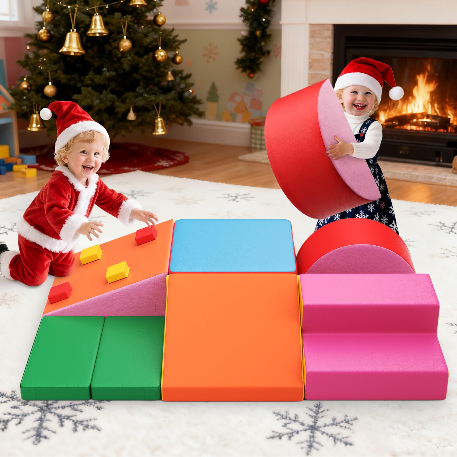 Ovshnrr Children's Large Foam Building Blocks, Kids Soft Play Set for Indoor Climbing, Suitable for Toddlers Aged 1-3 Years to Develop Intelligence (Leather cover + Rainbow color - 7 pcs)