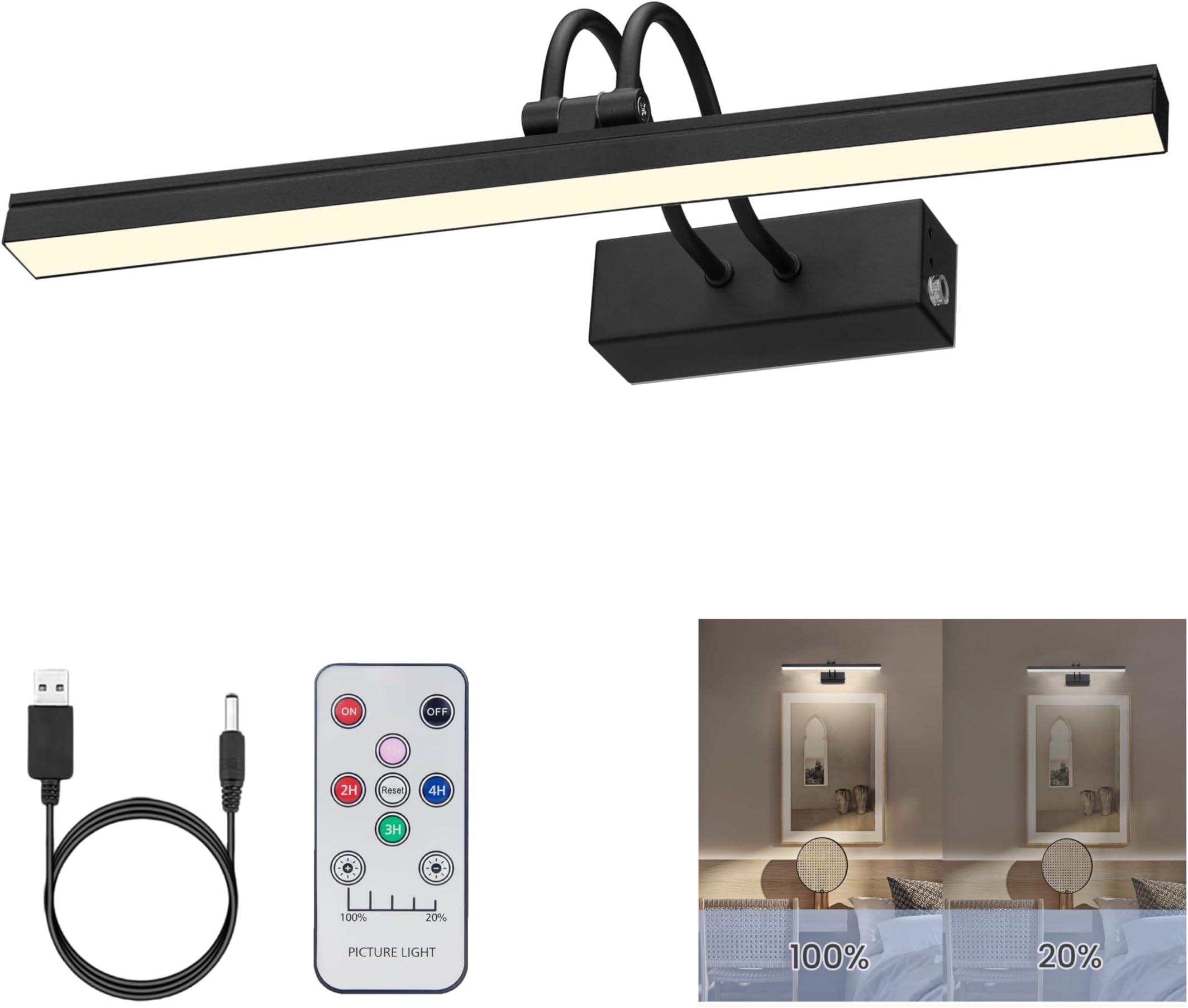 FUNCHDAY Picture Light Rechargeable, Wireless Picture Lights for Wall with Remote, 280LM Dimmable Timer Set Gallery Light, 13inch Metal Battery Operated Art Lighting for Paintings,Frame (Black)