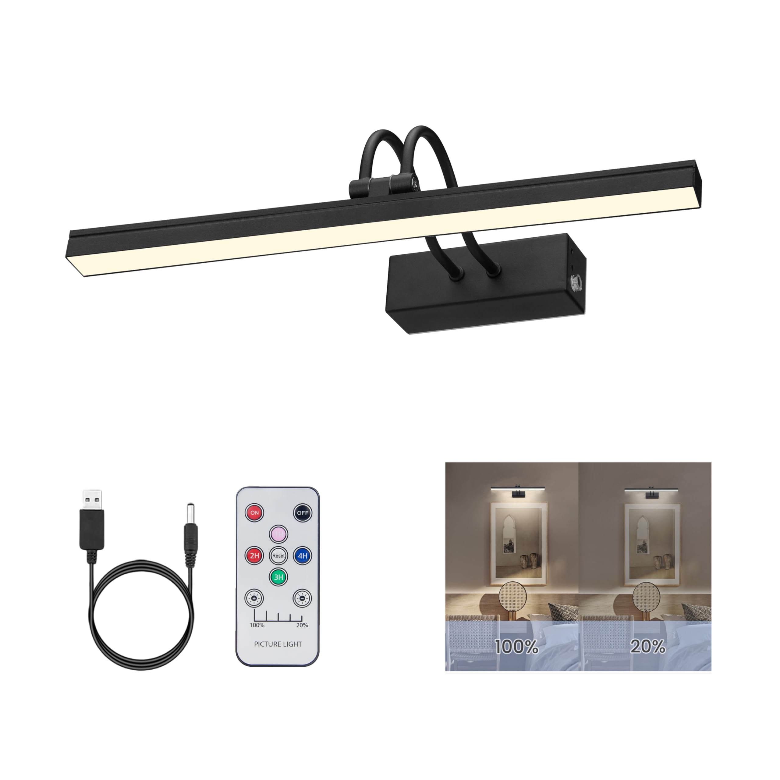 FUNCHDAY Picture Light Rechargeable, Wireless Picture Lights for Wall with Remote, 280LM Dimmable Timer Set Gallery Light, 13inch Metal Battery Operated Art Lighting for Paintings,Frame (Black)