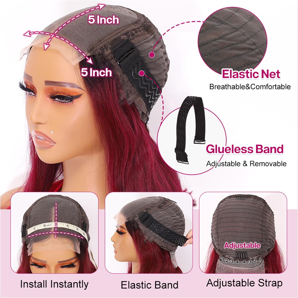 Wear and Go Glueless Bob Wig Human Hair 200% Density 5x5 HD Lace Closure Wigs For Black Women Glueless 5x5 Closure Wigs Human Hair Pre Plucked Bob Ombre Burgundy Color 14 Inch
