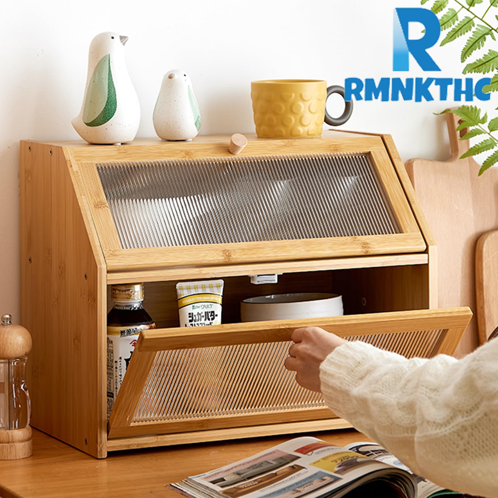 Panera de bambú de 2 Niveles – Recipiente para Pan con Puerta de acrílico y diseño de Escalera, Especias y Accesorios de Cocina, Caja de Almacenamiento ahorradora de Espacio para Cocina