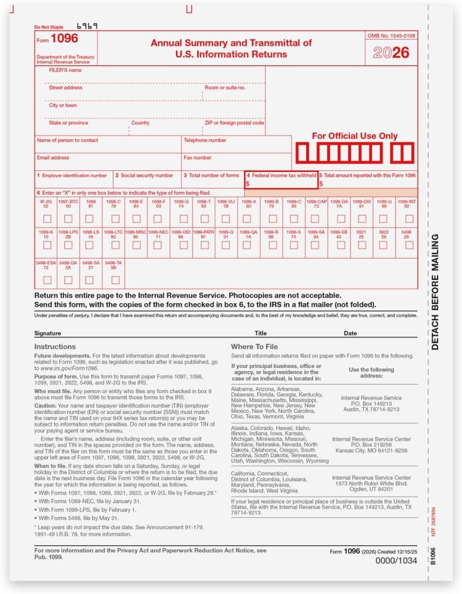 1099 NEC Copy A 2026, Income Forms, Federal Approved Lazer Tax Forms, Compatible with QuickBooks and Accounting Software, RED Copy A ONLY, 100 Pack (50 Sheets, 2 Forms Per Sheet)