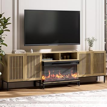 BVIUNTWO 3-Sided Glass Farmhouse Fireplace TV Stand for TVs Up to 100 Inch, Entertainment Center with 36" Electric Fireplace, Oak TV Console with Storage Cabinets for Living Room