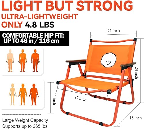 Miniatura 3 de Silla de camping plegable naranja vibrante y alegre, capacidad de 265 libras, diseño portátil ligero con reposabrazos de madera y marco de metal