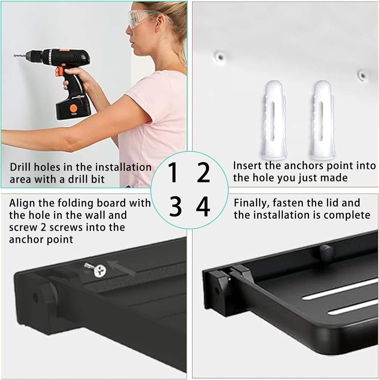 RV Fold-Down Wall Shelf, 2 pcs Aluminum Folding Shelf, 90° Space-Saving Camper Bathroom & Kitchen Organizer, Dual Installation (No-Drill or Screws), Waterproof, Rustproof(Black)