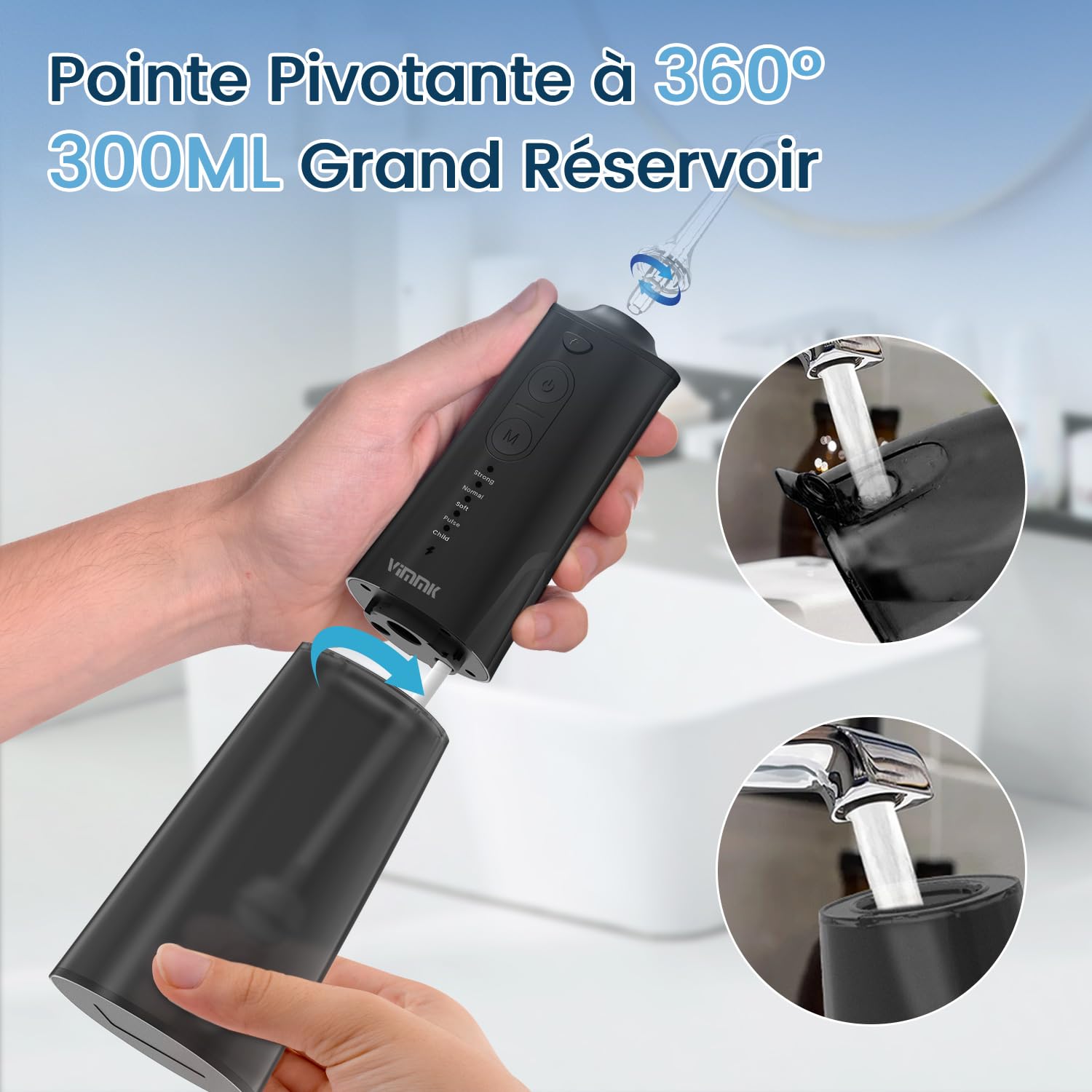 VIMMK Jet Dentale Idropulsore e Irrigatori Orali con 5 modalità di pressione dell'acqua e 8 punte sostituibili, ricaricabile e impermeabile IPX7, serbatoio 300 ml (nero)