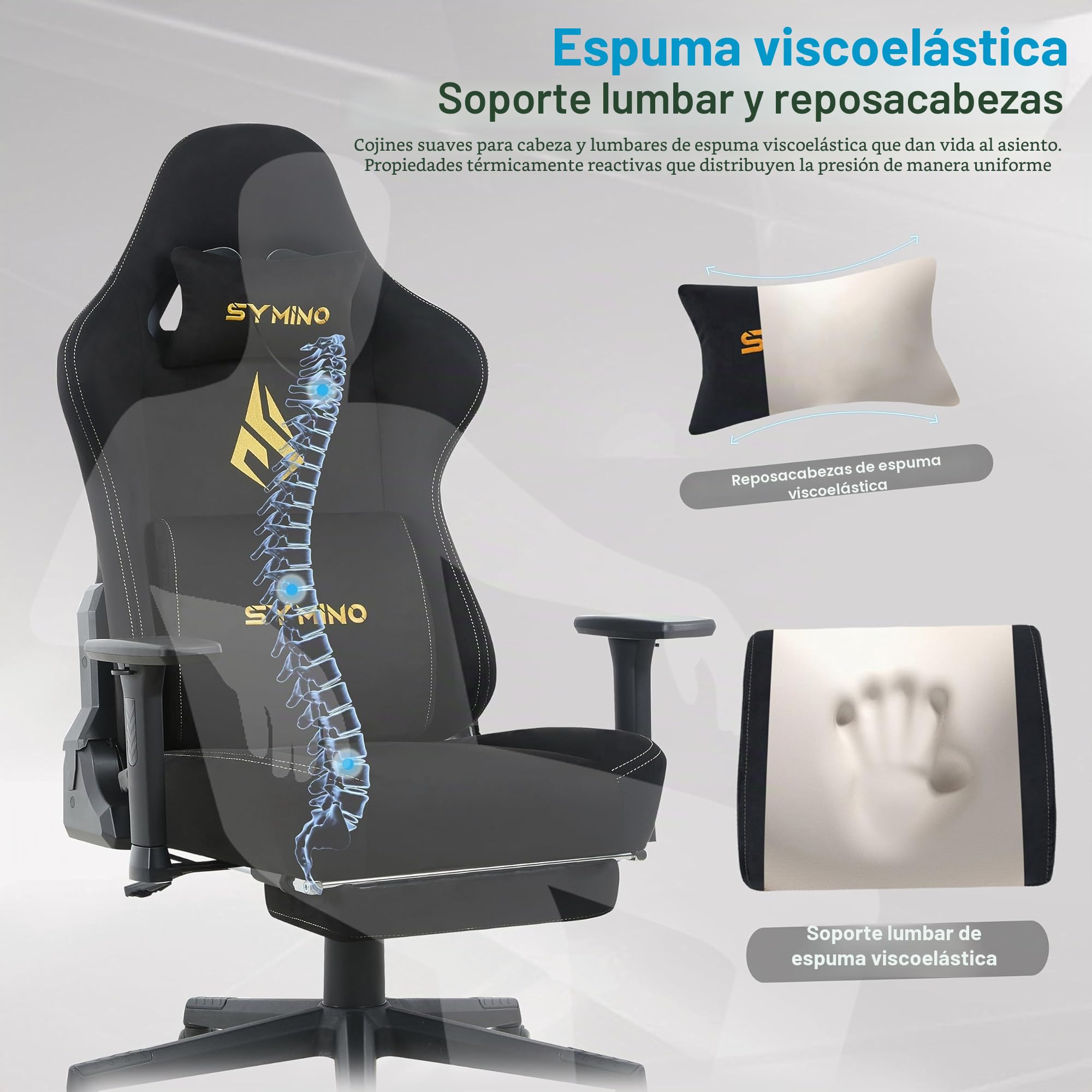Symino Silla Gaming Ergonómica con Reposapiés, 150° Reclinable: Soporte Lumbar y Reposacabezas Regulable, Ajustable en Altura, Soporta hasta 200kg (Black)