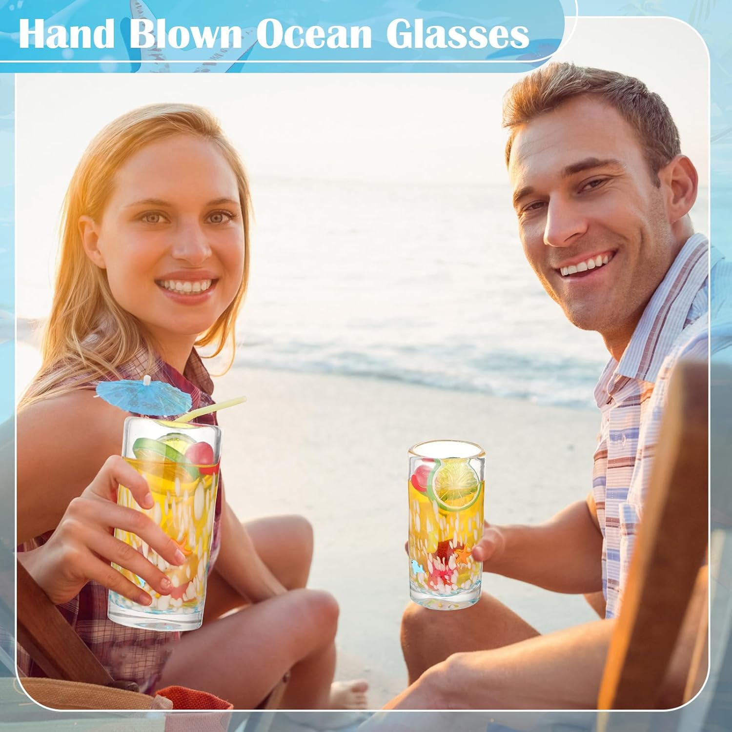 Skylety 4 Pcs Hand Blown Mexican Drinking Glasses 16 oz Coastal Beach Themed Drinking Cups Icon Juice Glasses, Ocean Blue Confetti, Gradient, for Tequila Cocktail Summer Beach Party