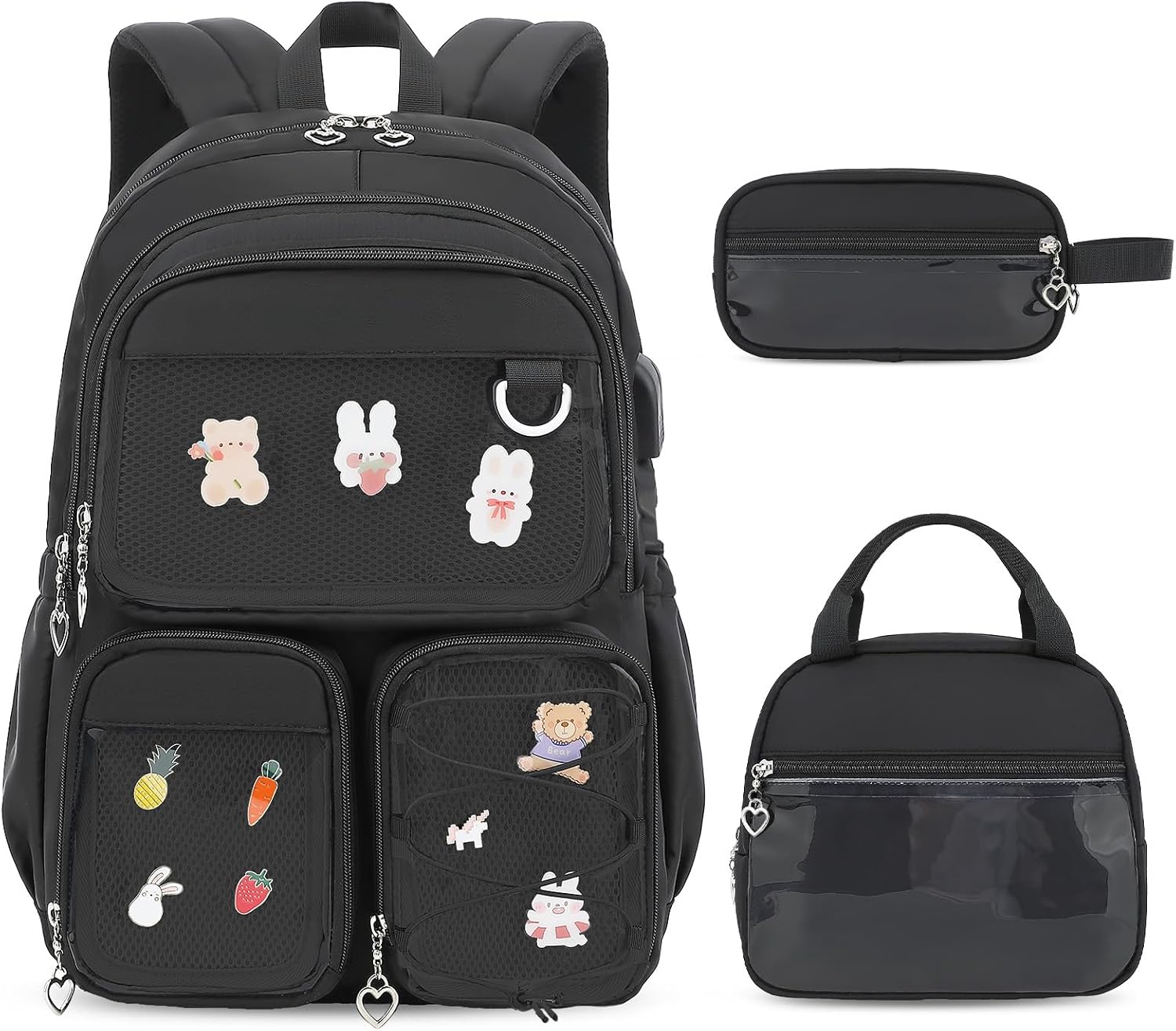 ACESAK 3PCS Girls Backpack Set - Kawaii Ita Backpack Pins with Lunch Bag