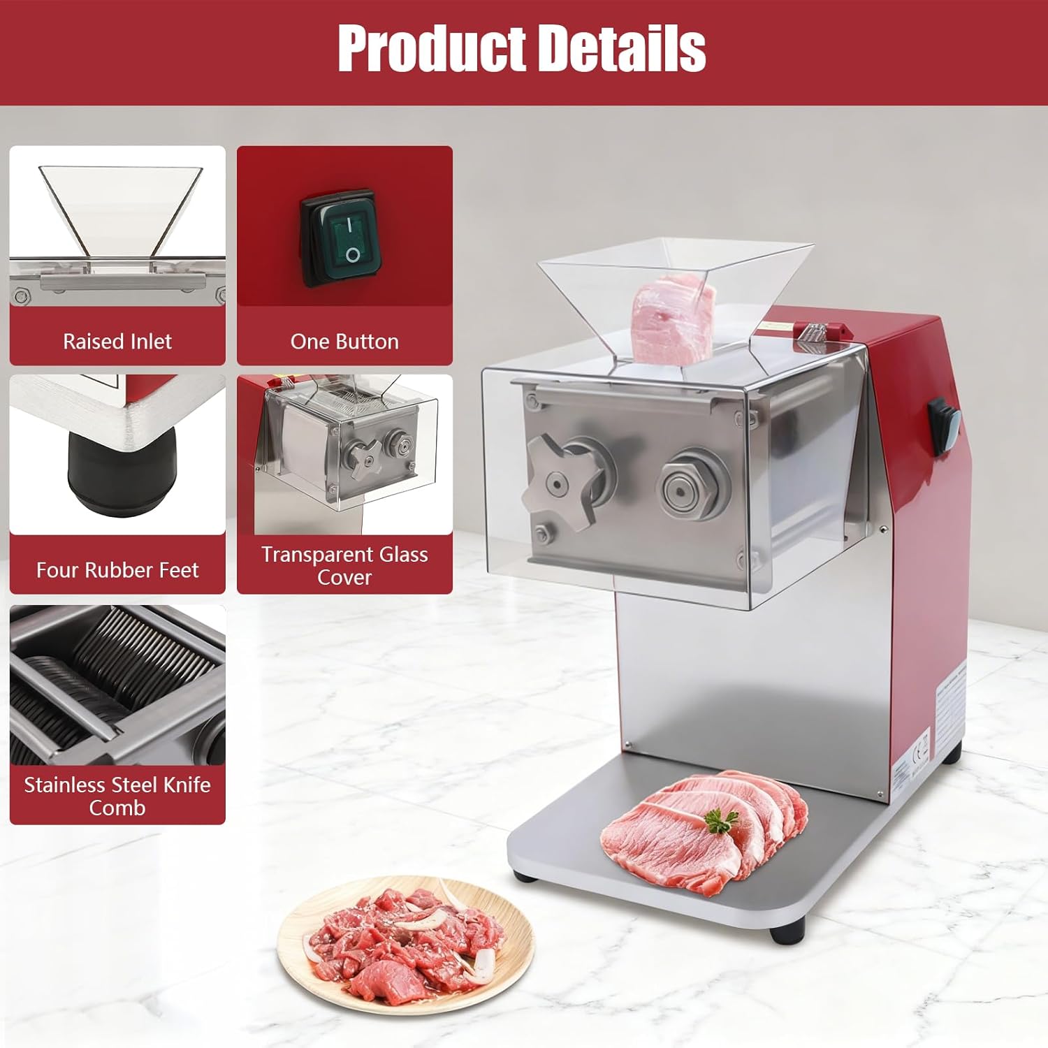 1100W 110V Electric Meat Cutter, Commercial Meat Slicer Dicer Shredder Chopper Stainless Steel Boneless Meat Processor with 0.35cm Blade for Restaurant Kitchen Supermarket Beef Pork Chicken