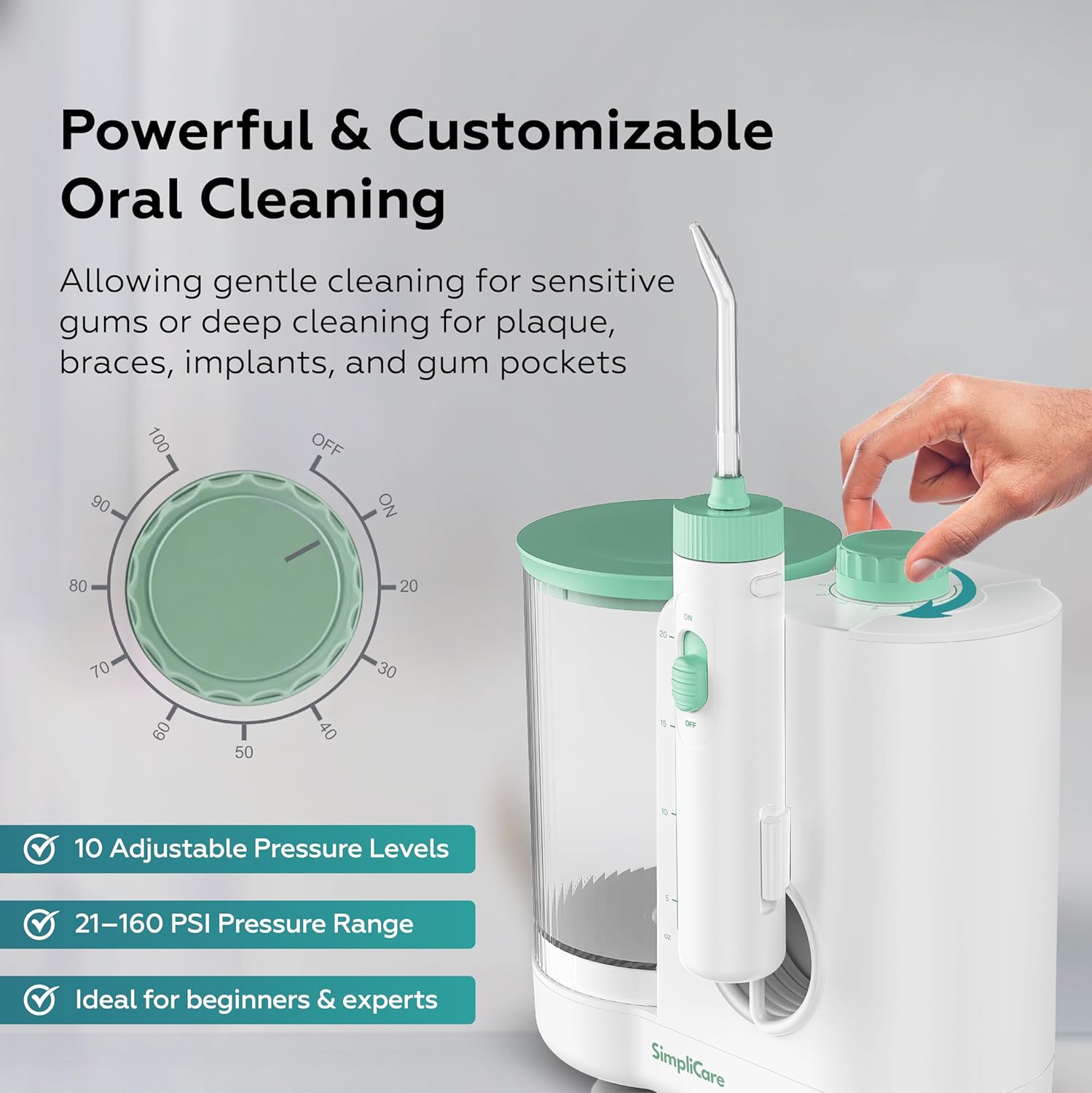Pro Countertop Oral Irrigator Water Dental Flosser | 10 Pressure Levels, 21–160 PSI, 20.3 oz Large Tank, Complete 8-Tip System for Braces, Implants & Gum Care, BPA-Free (FC1761-W)