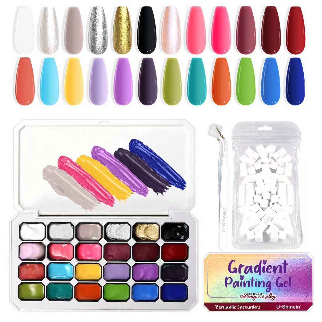 Smalto in Gel Gradient Painting, Set A con 24 Colori Ombre e 100 Pezzi di Spugna per Unghie e Pinzette per Manicure Francese Fai-da-Te, Arte delle Unghie