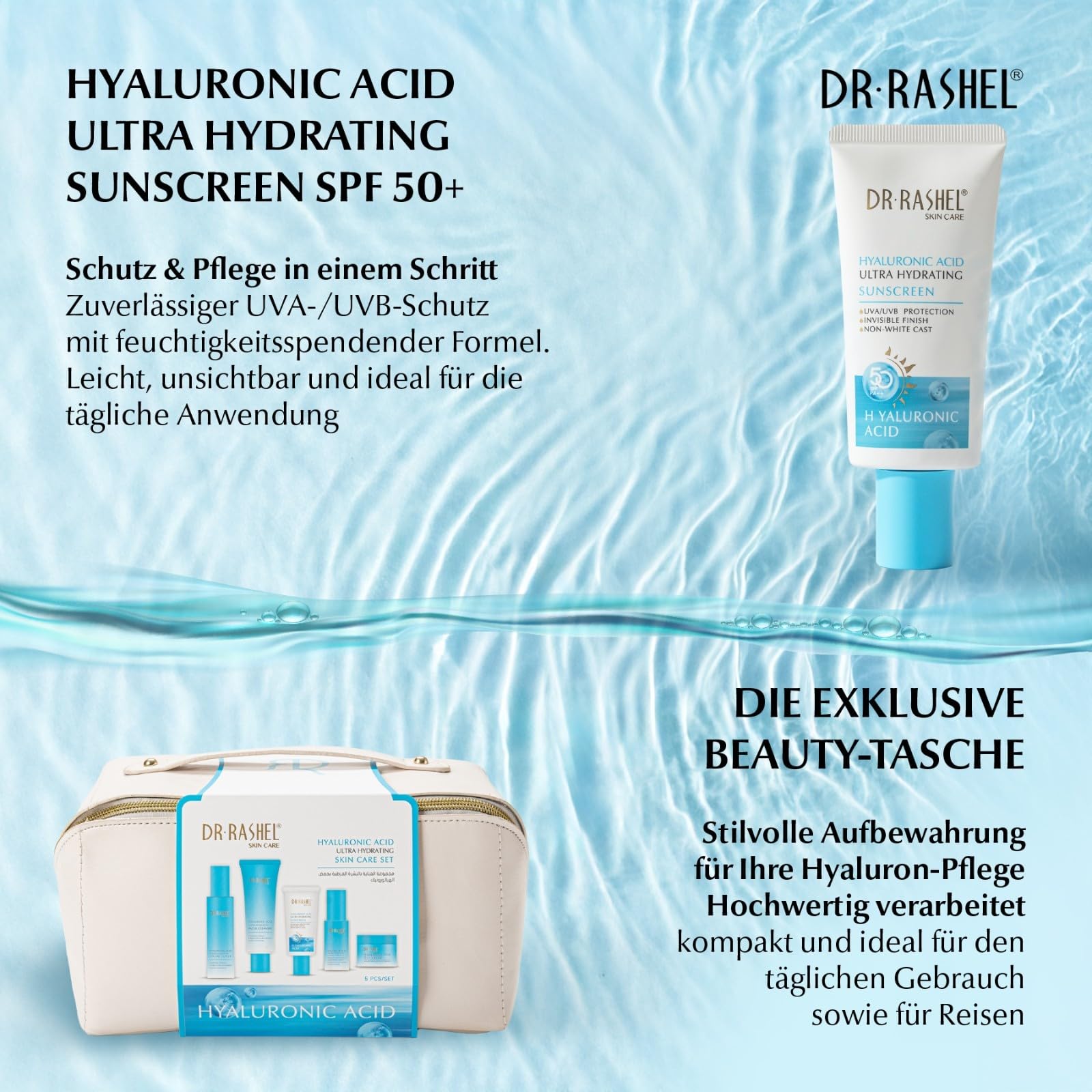 Hyaluronsäure Gesichtspflege Set 5-teilig - Anti-Falten Hautpflege mit Serum, Tagescreme, Nachtcreme, Reinigungsgel, Toner + SPF 50 Sonnenschutz - Anti-Aging, Hautpflege Hyaluronic Acid Geschenkset