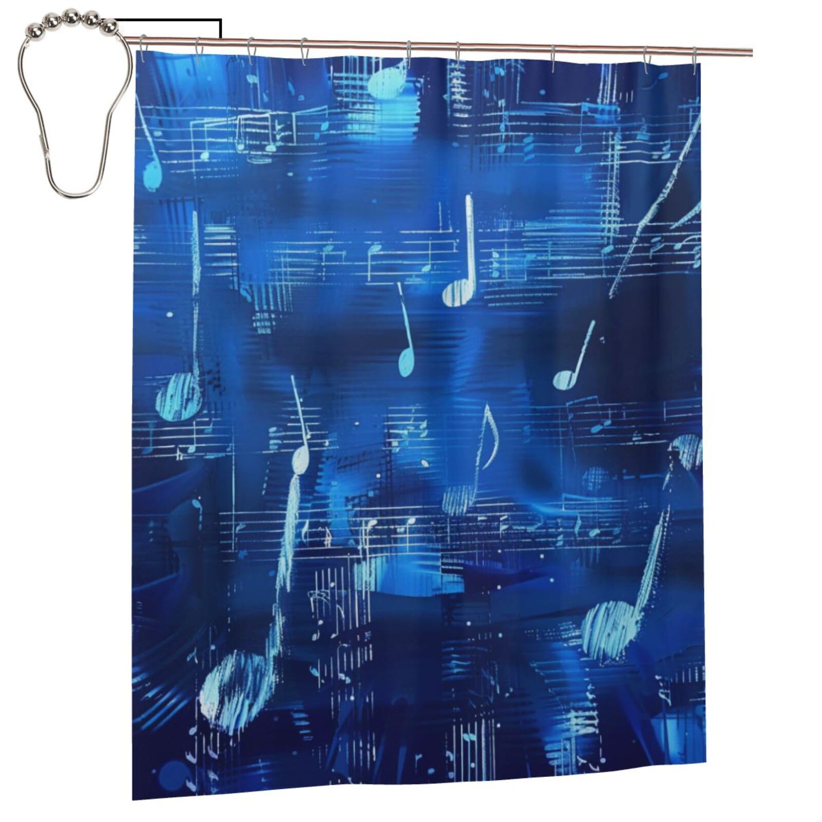 BWWHCCTI Blue Musical Notes Printed Shower Curtain With 12 Iron Hooks Opaque Quick Drying Waterproof Shower Curtains Sets For Bathroom 152x183 Cm