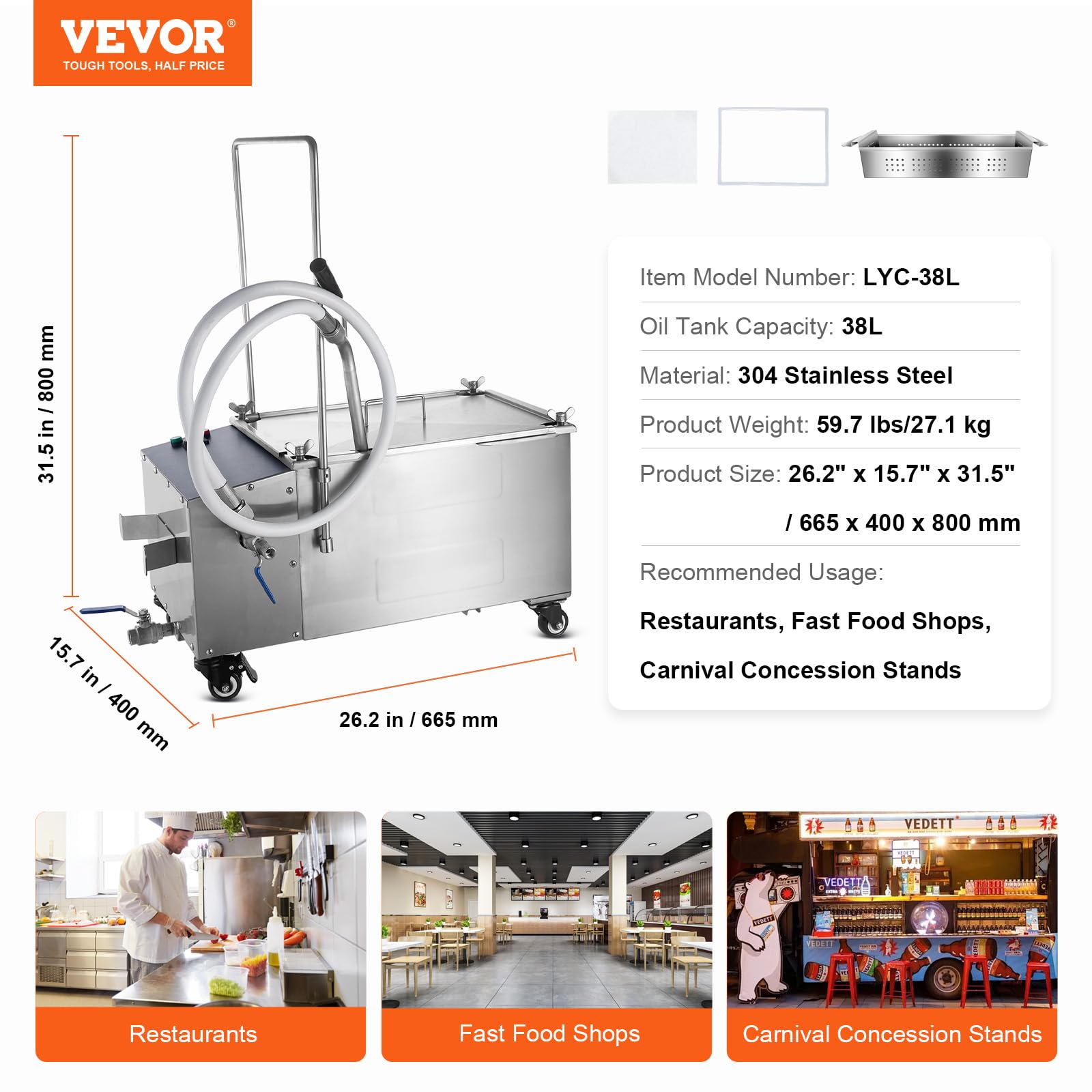 VEVOR Système de Filtration des Huiles de Friture Réservoir de 38 L Filtre à Huile pour Friteuse Vitesse 10 L/min Mobile avec Roulettes et Tuyau Machine à Filtrer Huile Usagée pour Restaurants Stands