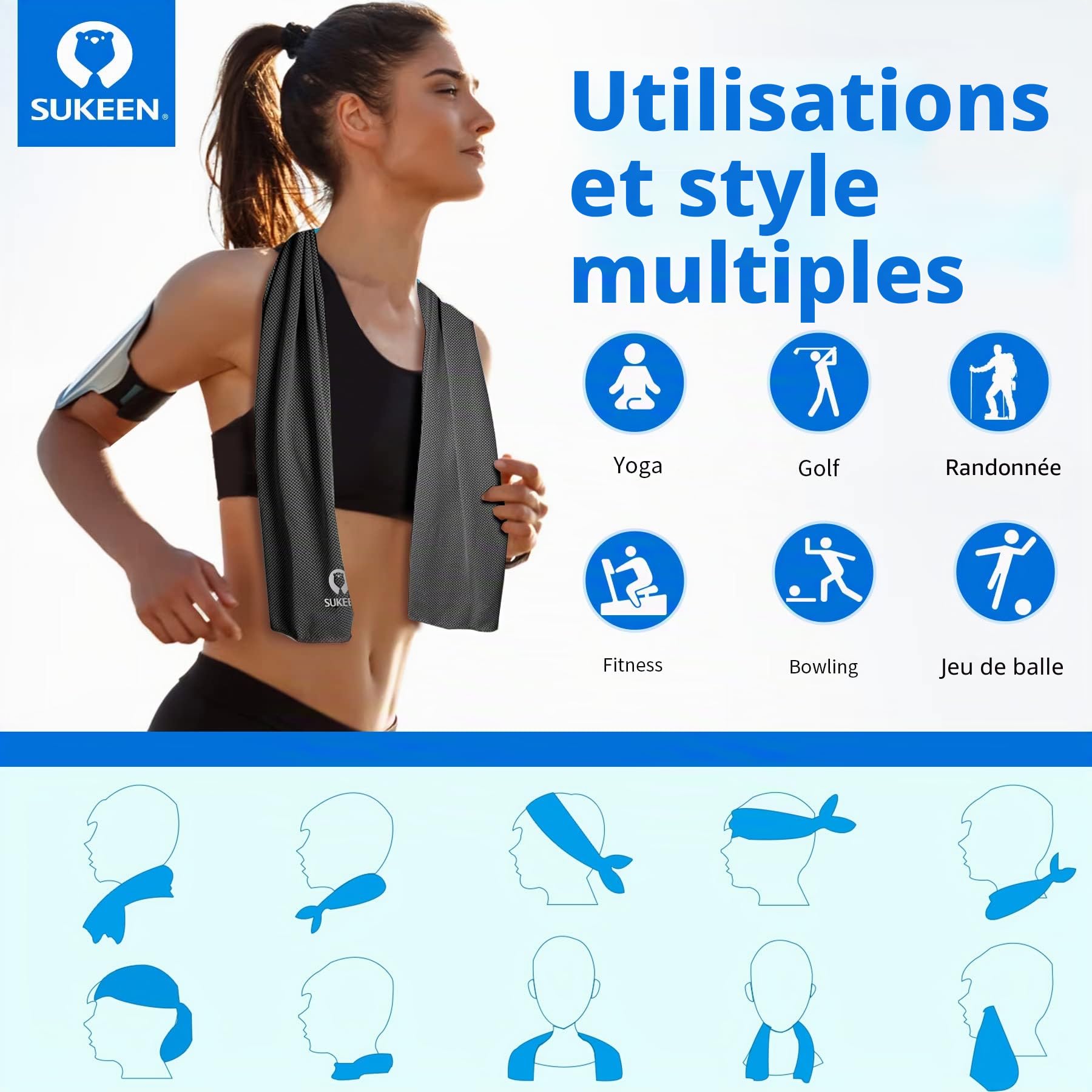 Sukeen Lot de 4 Serviettes rafraîchissantes en Microfibre Douce et Respirante pour Yoga, Sport, Course à Pied, Gym, entraînement, Camping - 101,6 x 30,5 cm