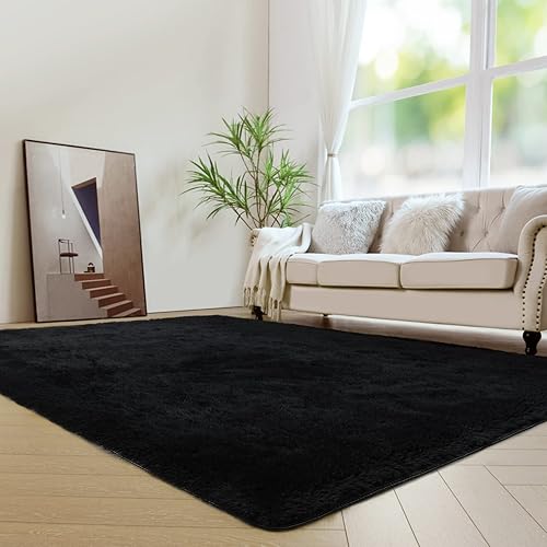 Miniatura 100 de duduta Alfombra rectangular negra suave y esponjosa de 3 x 5 pies, alfombra de felpa peluda para dormitorio, guardería, sala de estar, decoración