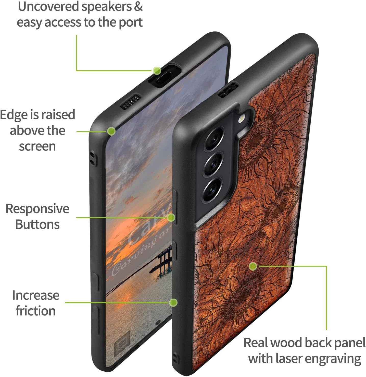 Carveit Wood Case for Galaxy S21 Case [Natural Wood & Black Soft TPU] Shockproof Hybrid Protective Unique Wooden Cover Compatible with Samsung S21 (The Helianthus Sketch-Rosy)