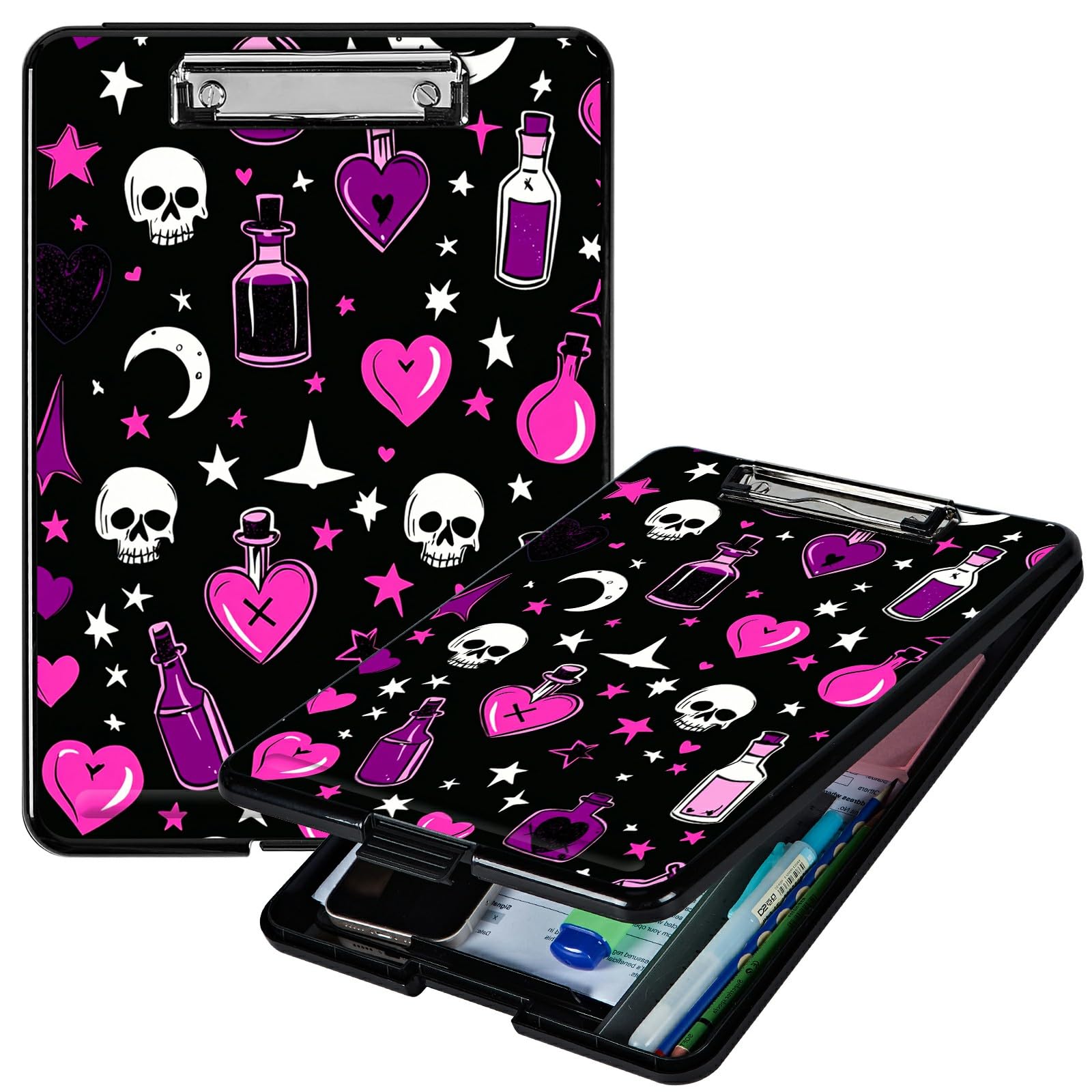 RWUTYTIUL Purple Heart Wishing Bottle Clipboard with Storage Pen Holder, Clipboards Organizer Nursing Clipboard Foldable File Folder Plastic Clipboard Folio Clip Board for Office Students Classroom — image 1