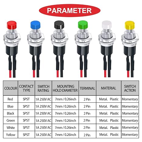 18Pcs 7mm Mini Round Pushbutton Switches 1A 250V AC 2 Pins SPST ON OFF Momentary Push Button Switch with Pre-soldered Wires for Car, Boat 6 Color(Red/Green/Yellow/Black/Blue/White)