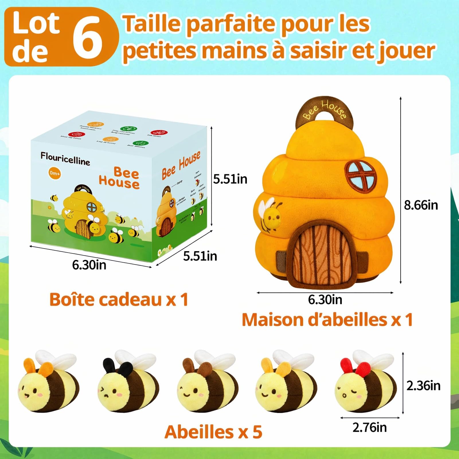 Jouet pour bébé de 6 à 12 mois, ruche avec 5 abeilles, jouet sensoriel Montessori avec musique, hochet, miroir, jeux éducatifs et jouets de motricité, cadeaux pour enfants de 1, 2, 3 ans