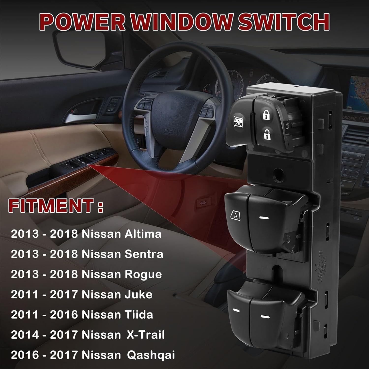 LCWRGS Master Power Window Switch Control Button Front Left Driver Side Compatible with 2013-2018 Nissan Altima, 2014-2019 Nissan Rogue, 25401-3TA5A, 1S14450, DWS2104, 254014BA5A