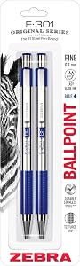 Zebra Pen F-301 Ballpoint Blue Ink Fine Point 0.7mm Pen, Easy-Glide Ink, Stainless Steel Retractable, Non-Slip Grip, Professional Design, Ideal for Office, Journal and Planner Use, 2-Pack (27122)