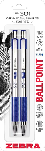 Zebra Pen F-301 Ballpoint Blue Ink Fine Point 0.7mm Pen, Easy-Glide Ink, Stainless Steel Retractable, Non-Slip Grip, Professional Design, Ideal for Office, Journal and Planner Use, 2-Pack (27122)