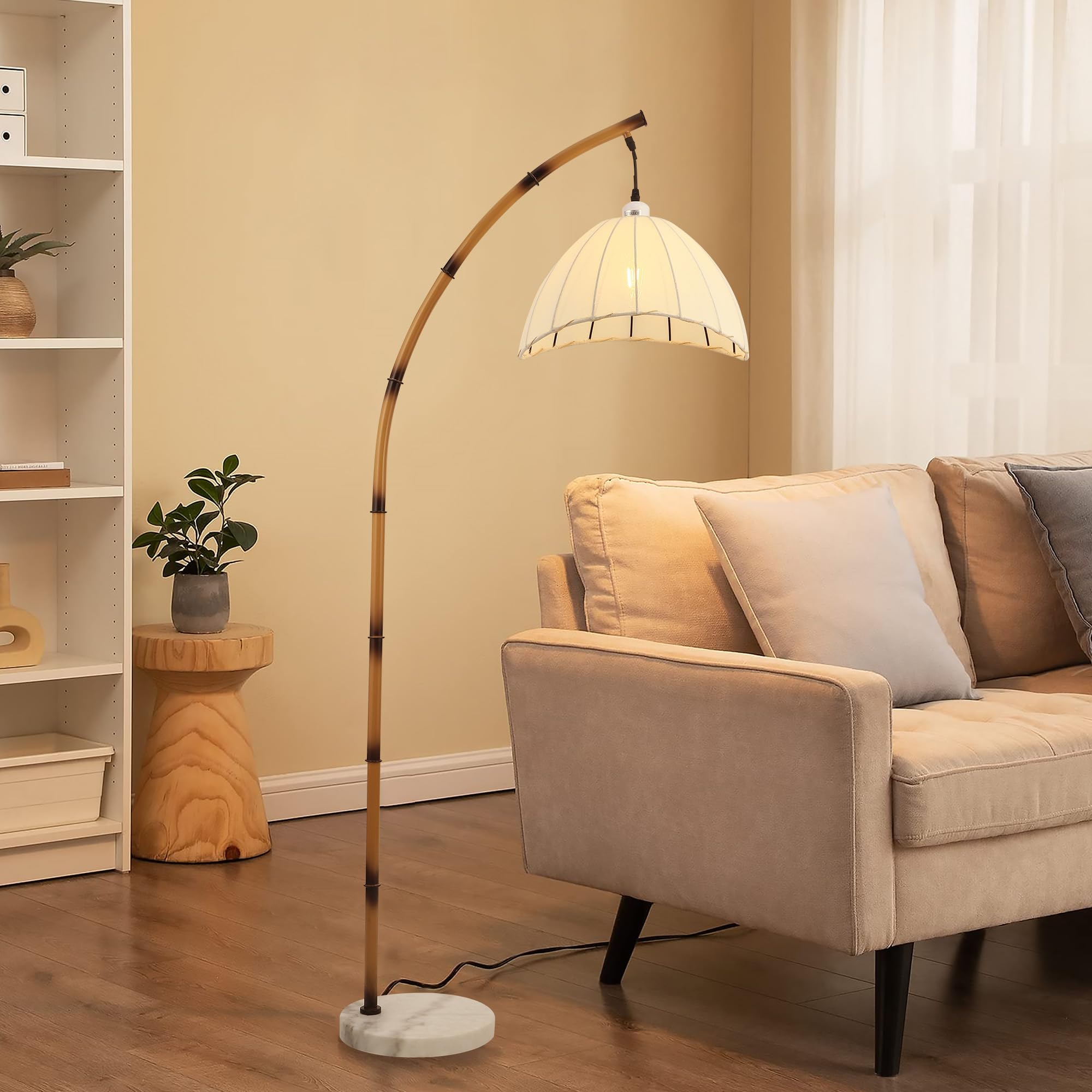 kaixunl Lámpara De Pie De Imitación De Bambú, Lampara Pie Arco, Lamparas De Estilo Pastoral, Lámpara De Pie De Tela, Vintage Boho, Adecuada Para Sala De Estar, Dormitorio, Base E27, H160cm