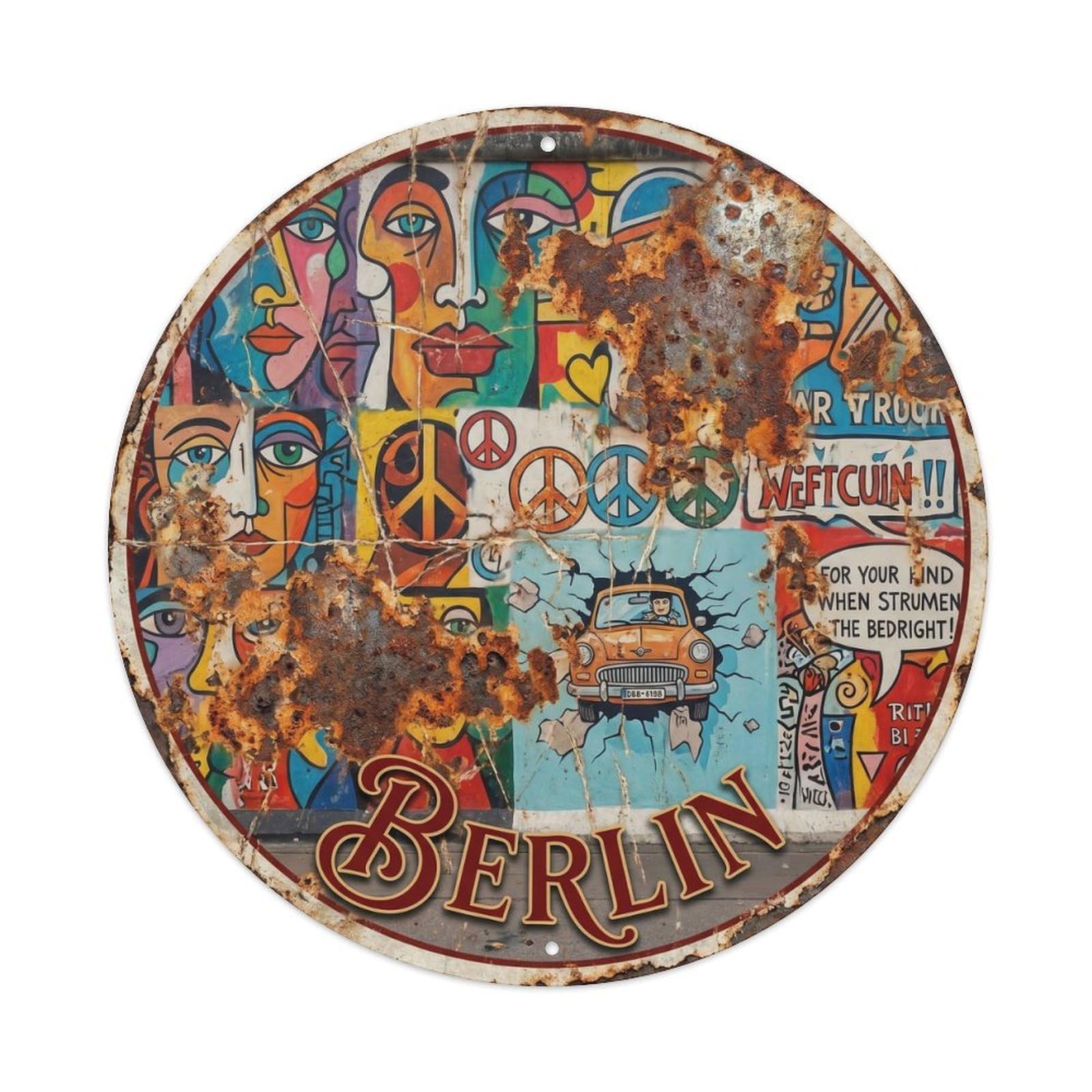 Vintage Travel Berlin East Gallery Metal Tin Sign Plaque Wall Decor for Cafe, Club Bar, Office, Home Garden Round Metal Poster 8x8Inch