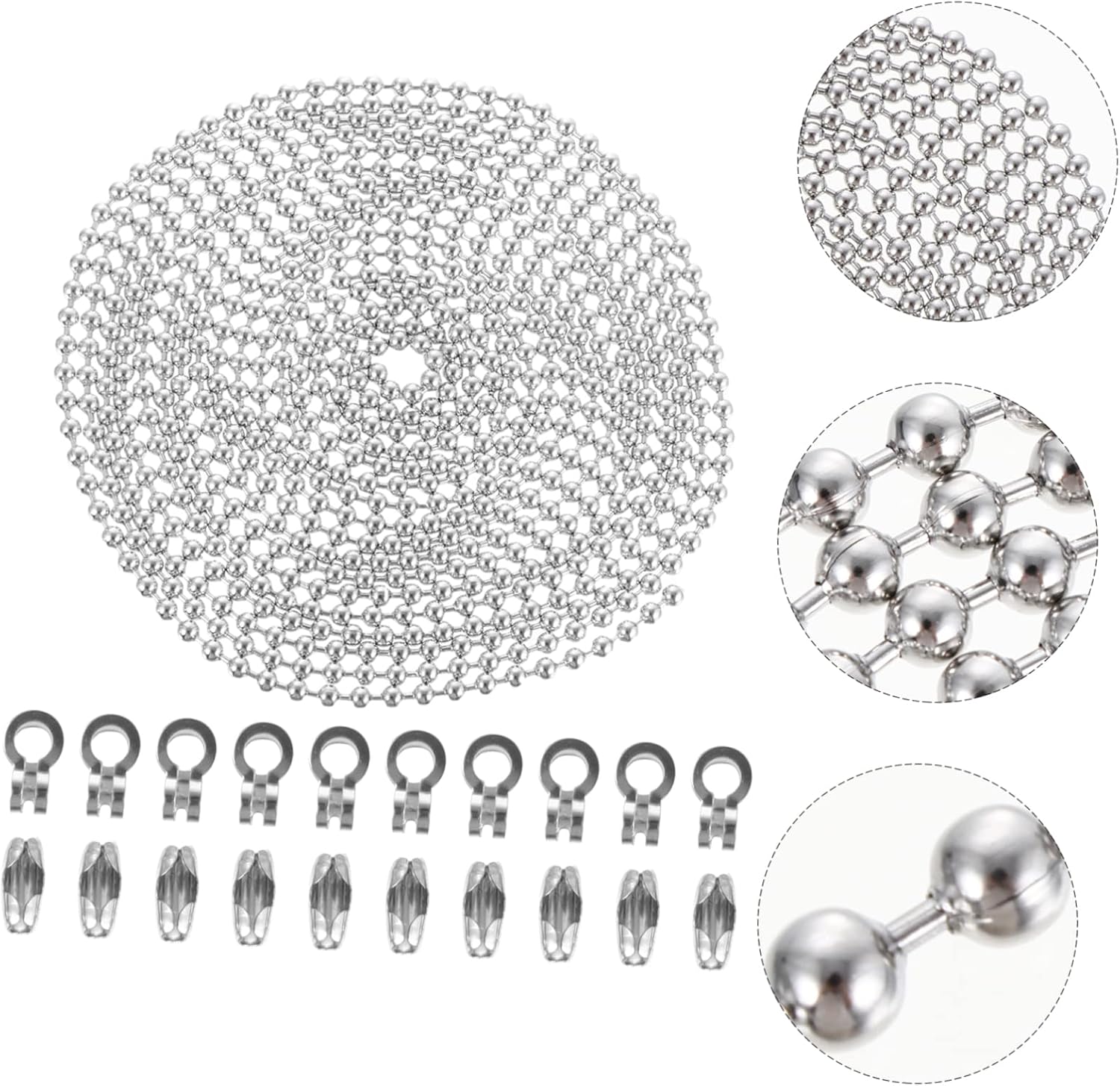 4m Beaded Pull Chain Extension Connector for Jewelry Making Stainless Chain with 20 Connectors