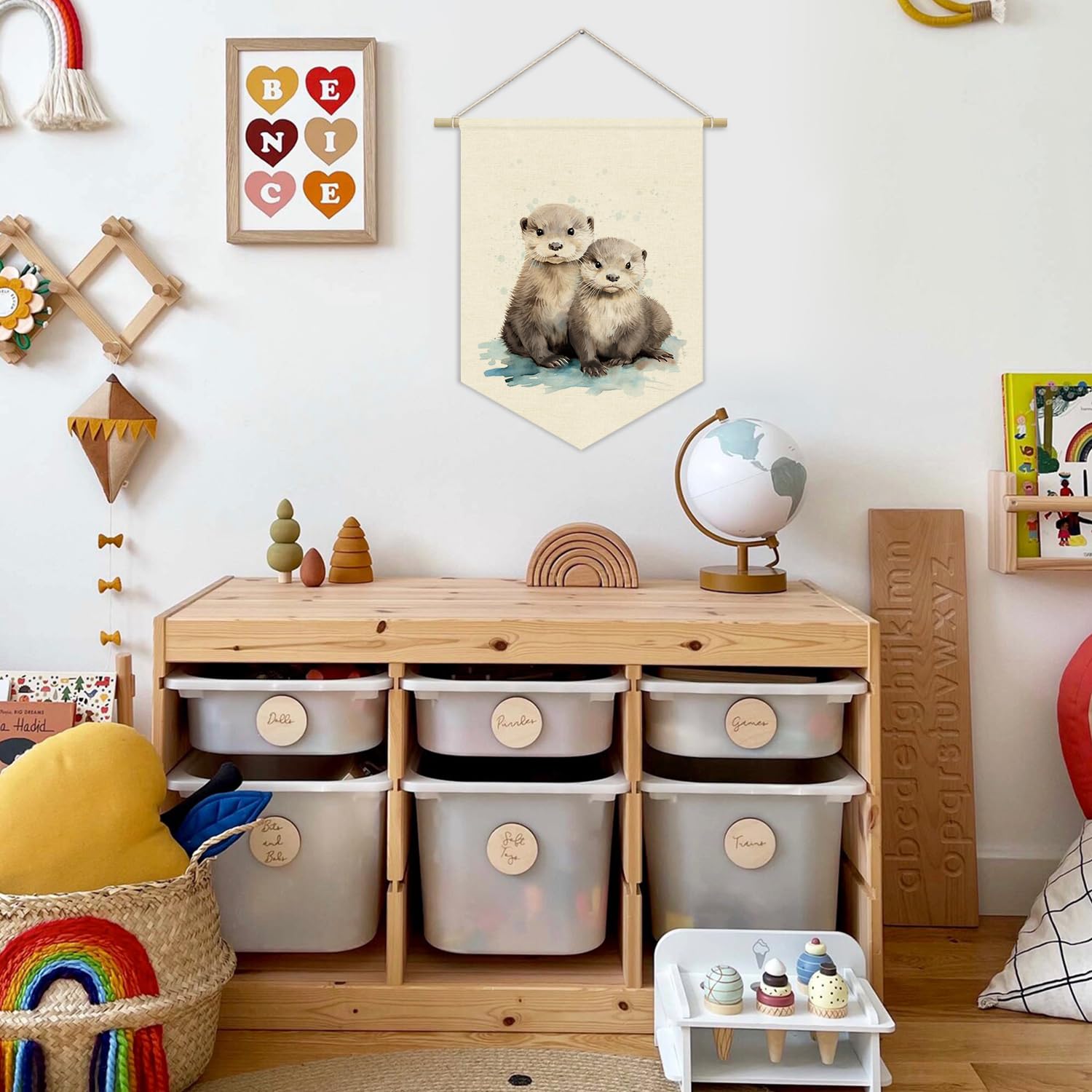 XYDEG Ocean Animal Nursery Decor, Sea Otter Nursery Linen Canvas Banner, Otter Ocean Wall Hanging Pennant Flag Banner for Kids Toddler Room Bedroom Playroom Decor, 15x11in