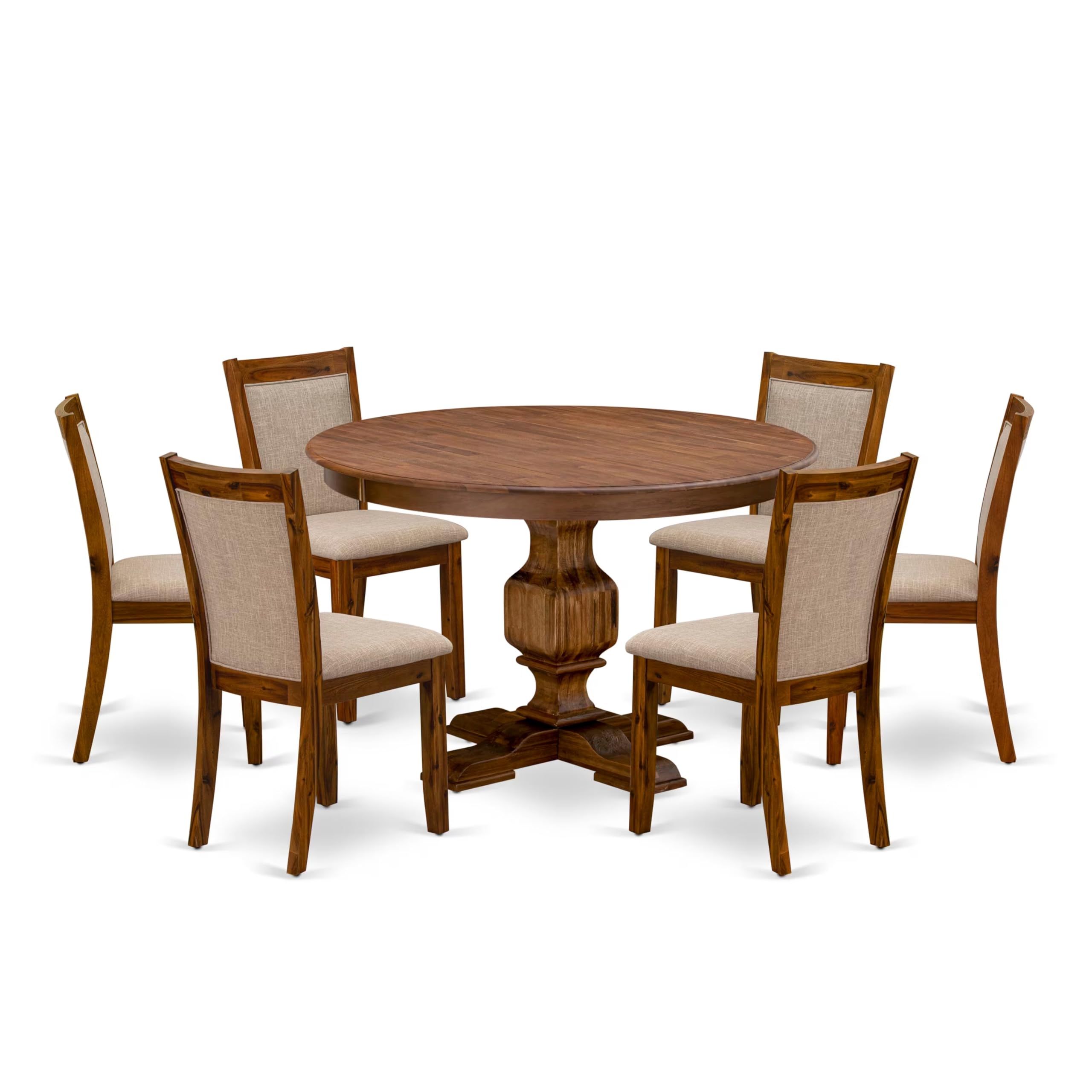 East West Furniture F3MZ7-N04 7 Piece Modern Dining Table Set Consist of a Round Wooden Table with Pedestal and 6 Light Tan Linen Fabric Parson Dining