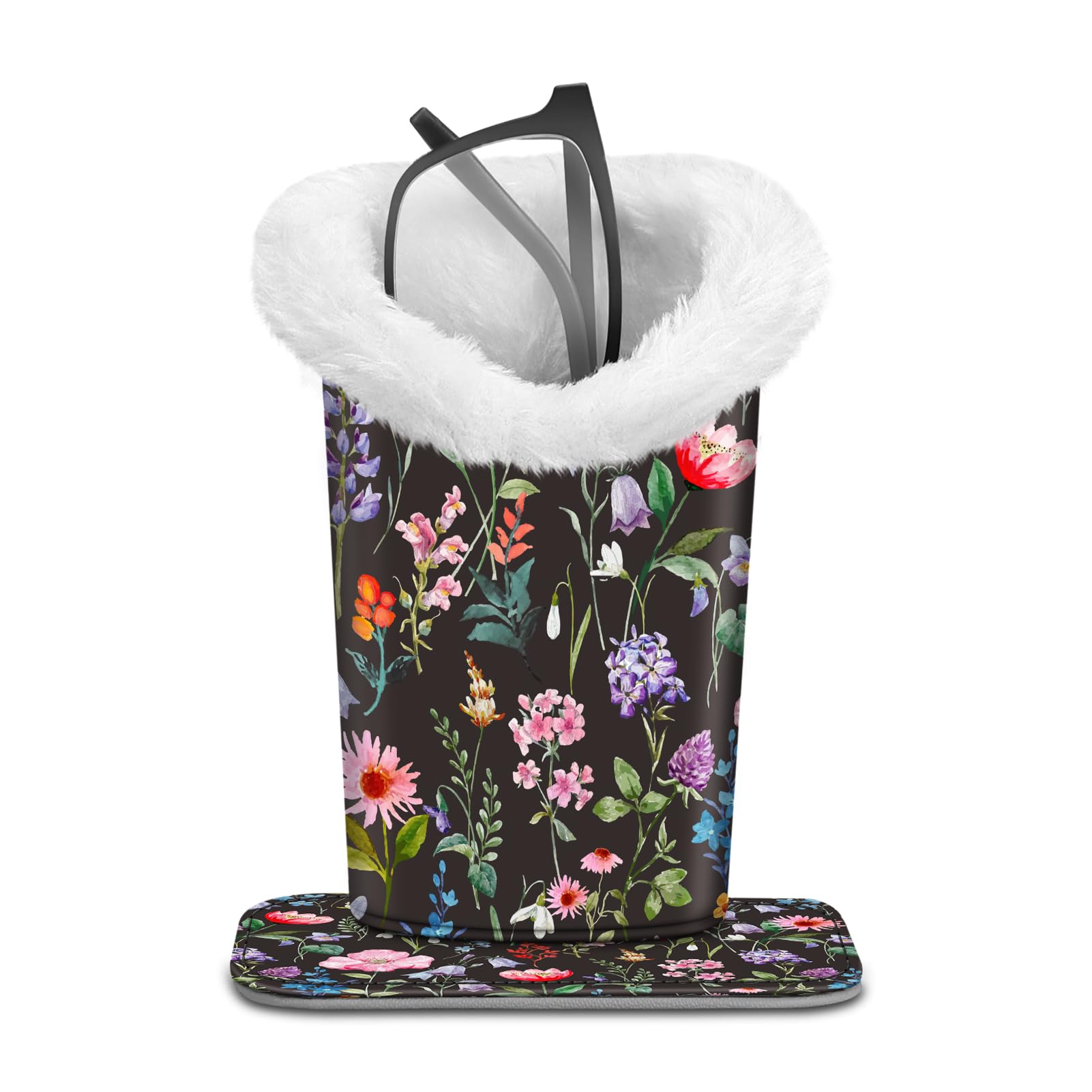 Fintie Unisex Black Floral Plush Lined Eyeglasses Holder, Glasses Stand Case, Anti-Scratch Glasses Storage Organizer For Desk, Nightstand, Office, 5.51*3.94*3.54