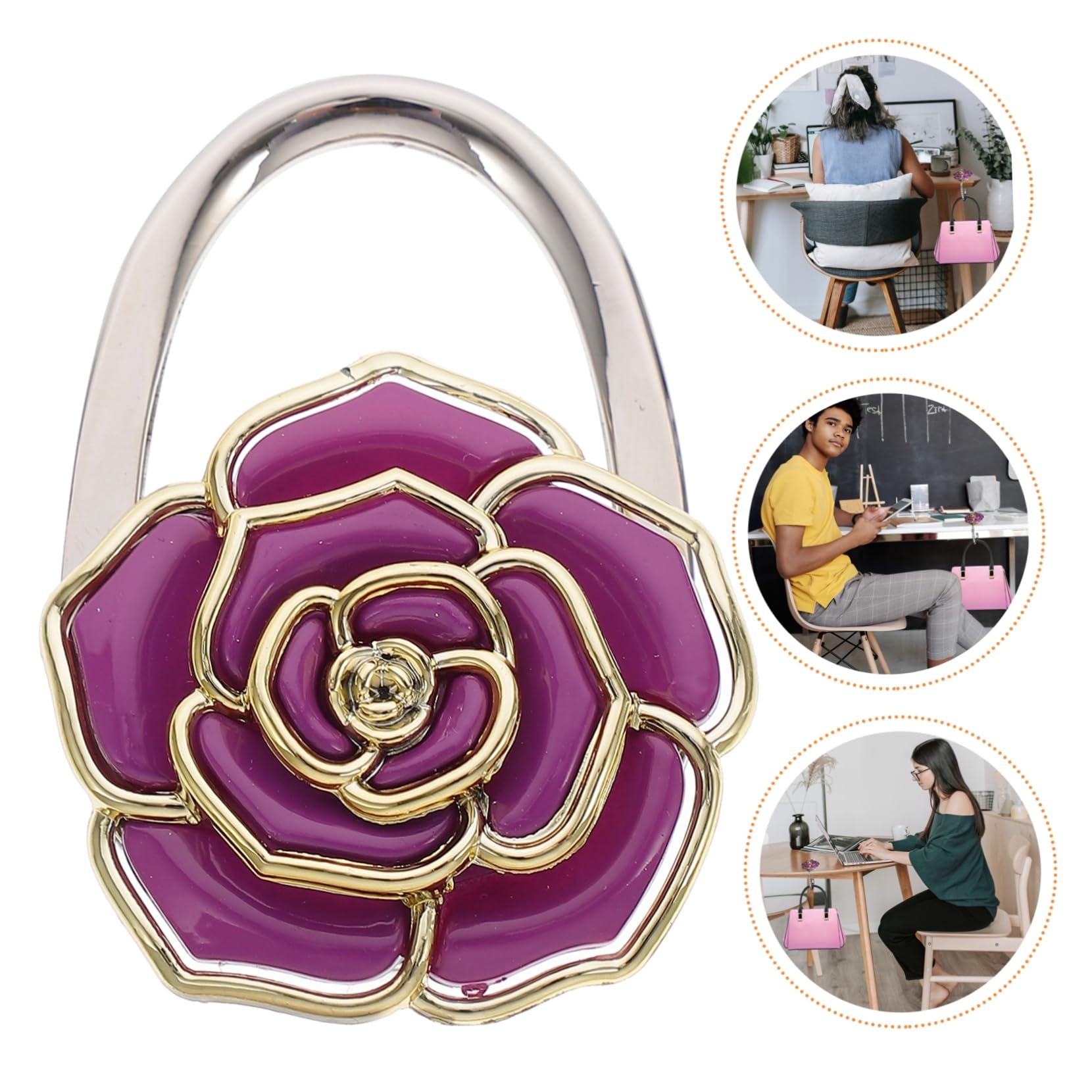 OUNONA Rose Flower Folding Handbag Holder Hook Purple Purse Hanger for Tables Cafes Offices Portable Convenient Design Supports Desks Up to Thickness