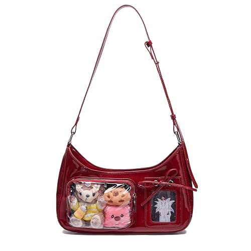 JOLLQUE Ita Purse Crossbody Bag with Transparent Display Panel for Pins & Badges, Kpop Lolita Y2K Shoulder Bag for Cosplay - Red