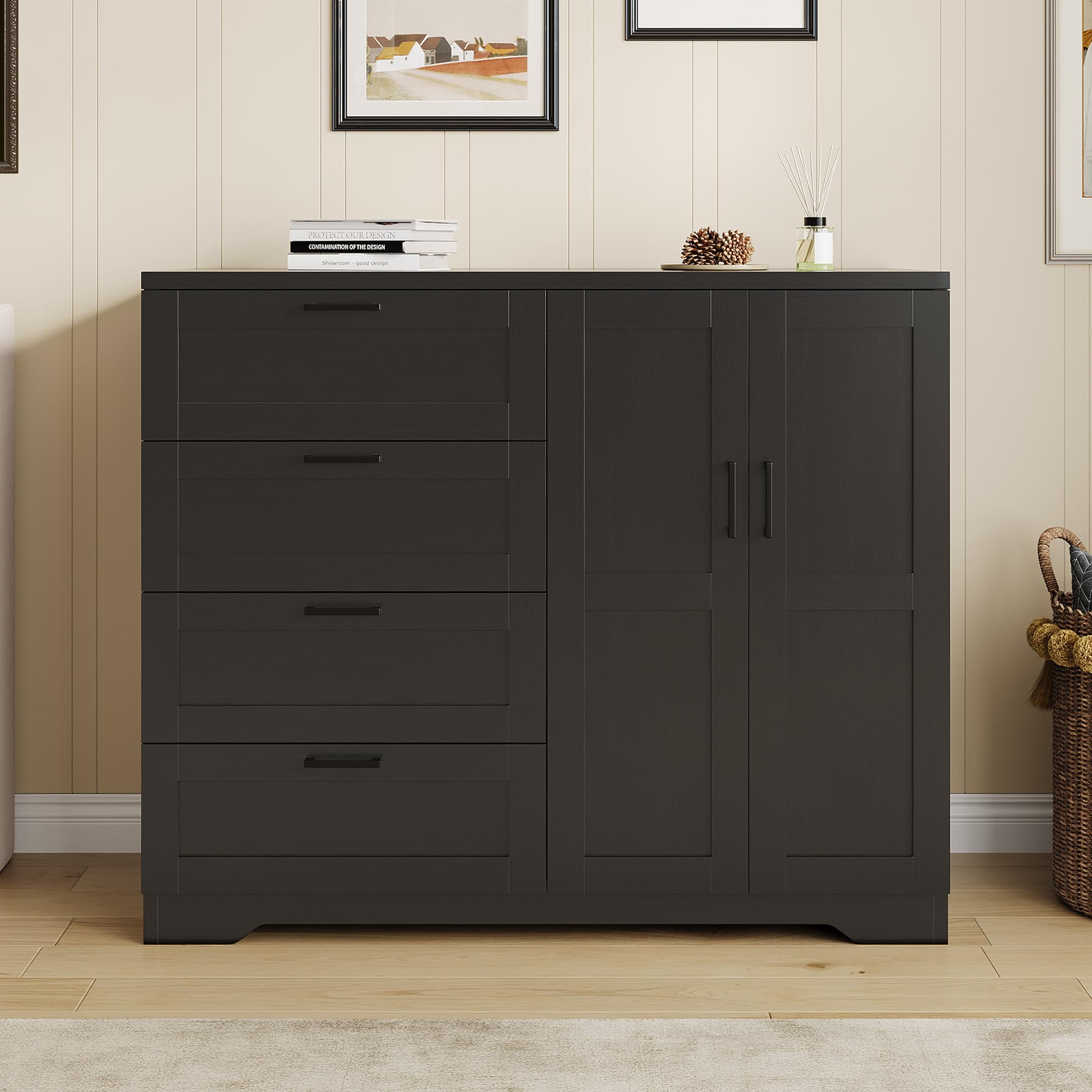 Photo 1 of ***STOCK PHOTO FOR REFERENCE ONLY***
GarveeHome Multifunctional Wooden Dresser for Bedroom, 43.3 in H 2 Door Wardrobe Armoire Closet with 4 Drawers and Hanging Rod, Low Storage Cabinet for Hanging Cloth, Black