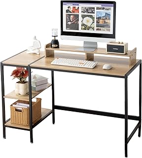 47インチ コンピューターデスク 収納棚付き - 天然木製 ベッドルーム 小さなスペース ホームオフィスに最適なゲームデスク PC用モダンなライティングデスク
