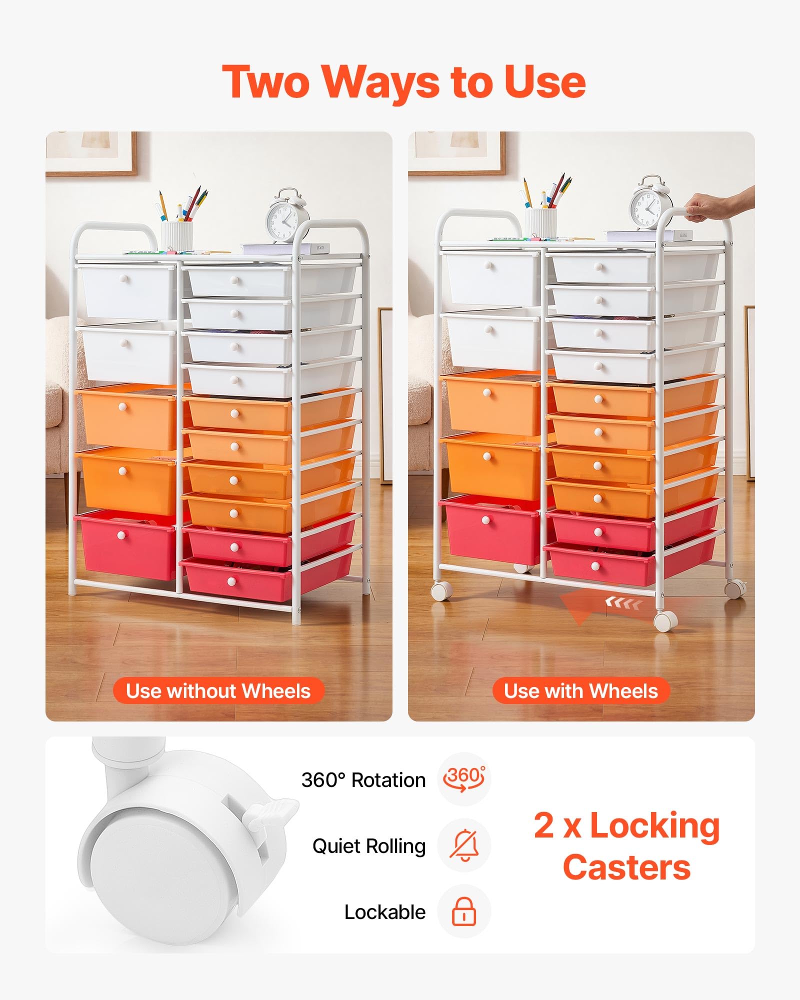 VEVOR Carrello Multiuso con Cassetti, Organizer a Doppia Fila con 15Cassetti, Carrello Portaoggetti, Telaio in Acciaio Verniciato, Ruote Girevoli a 360° con 2 Freni, per Ufficio, Garage, Rosso Sfumato