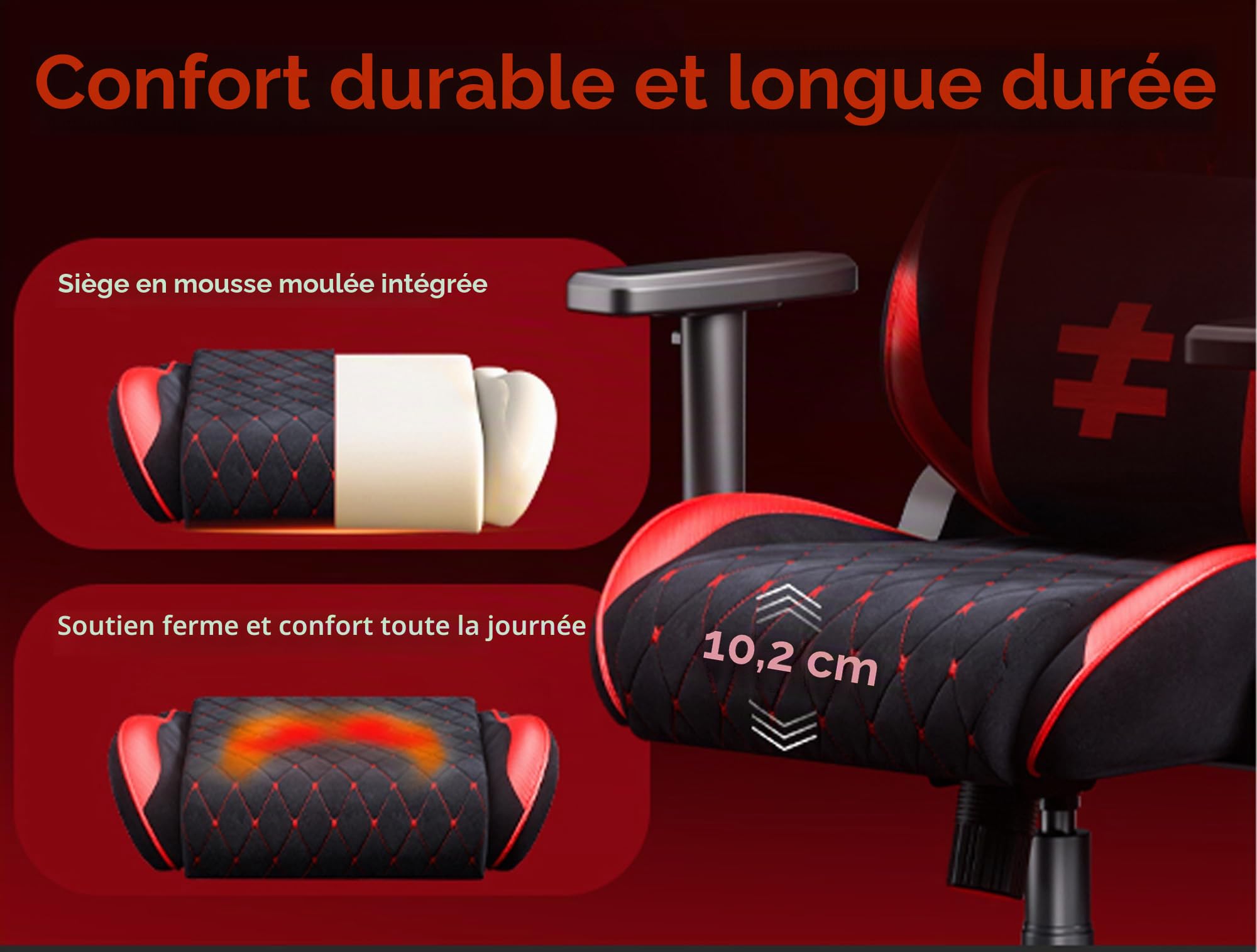 seenda GCPro-20 Chaise Gaming Ergonomique, Fauteuil de Bureau Gaming, Dossier Inclinable 145°, Réglable avec Appui-Tête & Coussin Lombaire, Charge 181 kg, Noir et Rouge