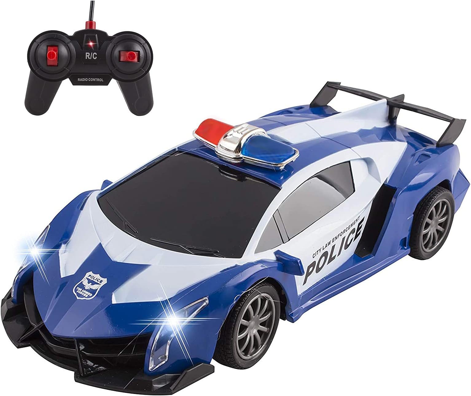 Vokodo Police RC Toy Super Exotic Large Remote Control Sports Car with Working Headlights and Police Lights (Blue)