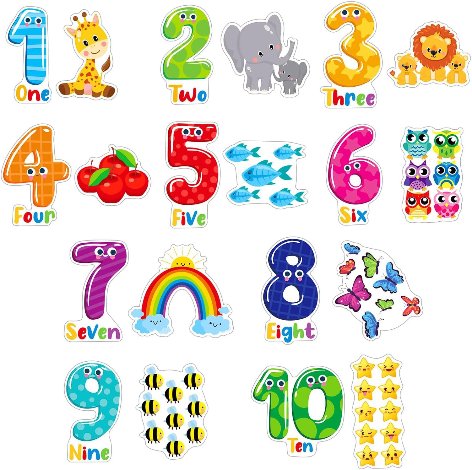 FLYAB Numbers Wall Stickers - 5 Sheets Learning Educational Number Wall Decals Peel and Stick Animal Wall Decals Stickers for Kids Toddlers Classroom Playroom Daycare Nursery Bedroom Decorations