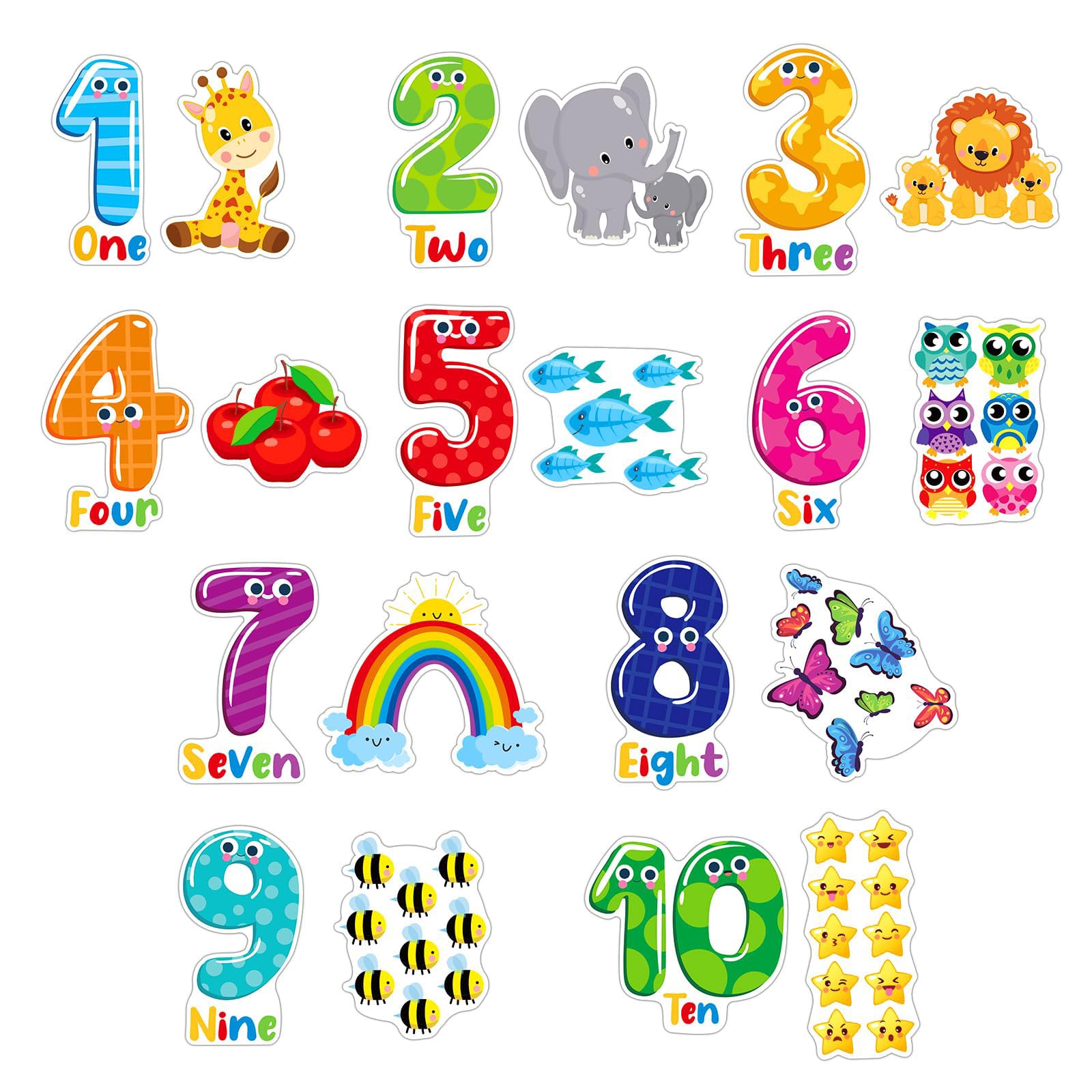 FLYAB Numbers Wall Stickers - 5 Sheets Learning Educational Number Wall Decals Peel and Stick Animal Wall Decals Stickers for Kids Toddlers Classroom Playroom Daycare Nursery Bedroom Decorations