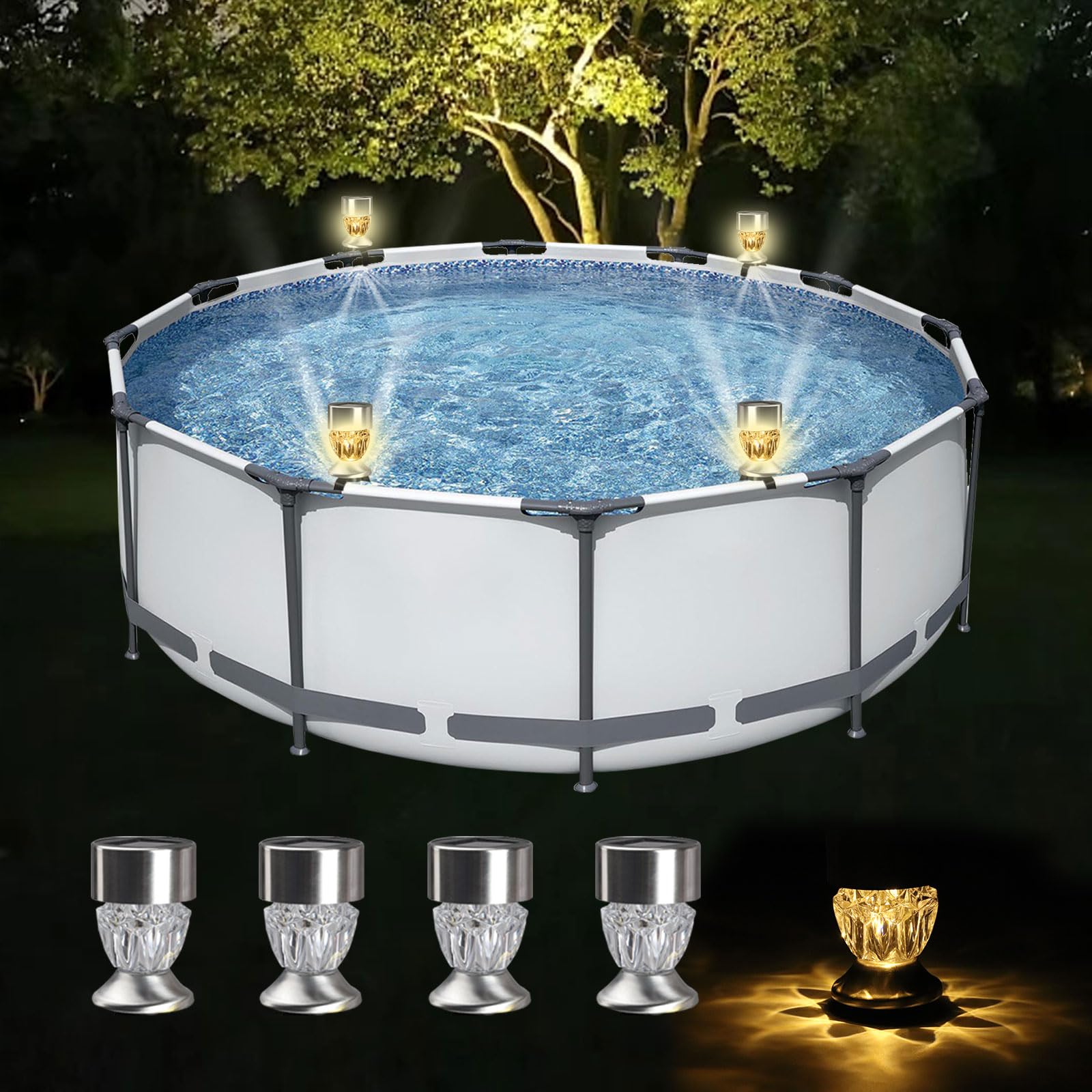 Solar Frame Pool Light Above Ground Pools,4PCS Warm Solar Pool Lights with Belts,Waterproof Swimming Pool Accessories Night Lights for Garden Fence Outdoor Lighting Decor
