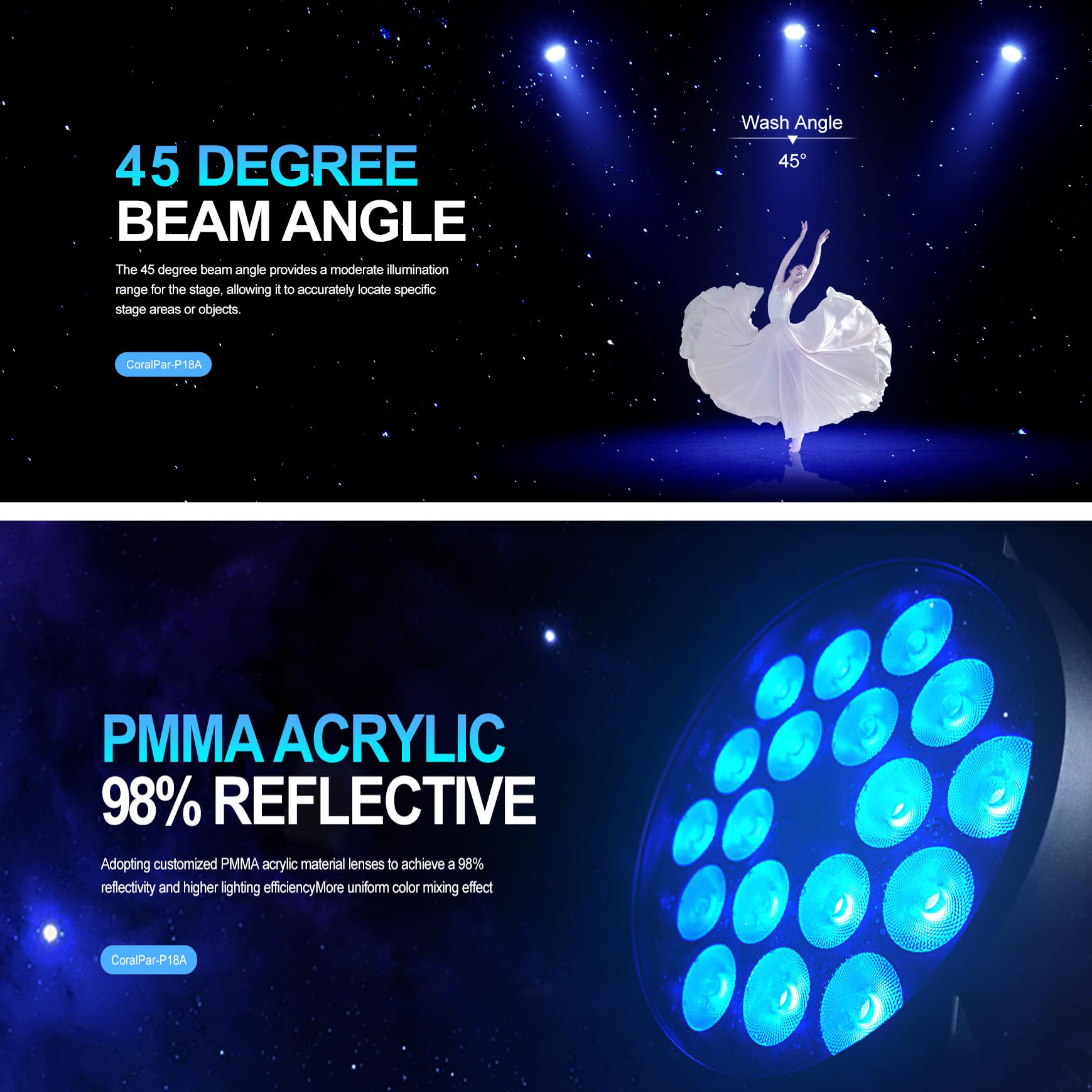 SHEHDS Coral Par DMX512 Lumières d'extérieur LED 18 x 12 W RGBWA+UV couleur lavé/stroboscopique Angle de faisceau 45 lumières montantes DMX512 activées par le son sans ventilateur