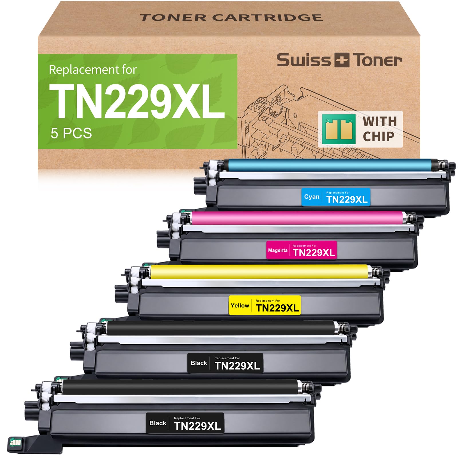 TN229XL Toner 5 Pack Comapatible for Brother MFC-L3780CDW | TN229 TN 229XL Toner Cartridges | HL-L3280CDW MFC-L3720CDW HL-L3220CDW Compatible | Smart Chip | High Yield