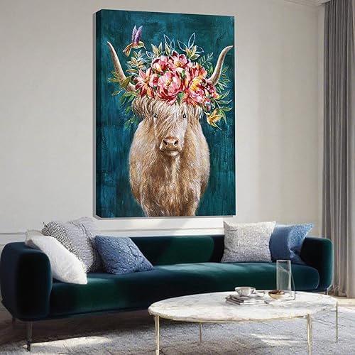 ZENPEE Arte de pared moderno abstracto de animales, arte de pared de vaca de las tierras altas azul, decoración rústica de granja en lienzo para